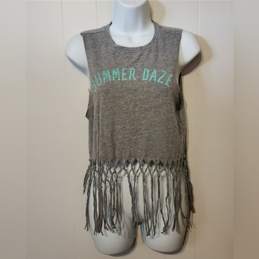 Hollister Shirt XS Cropped Fringe Summer Daze Gray Sleeveless Boho Casual A544